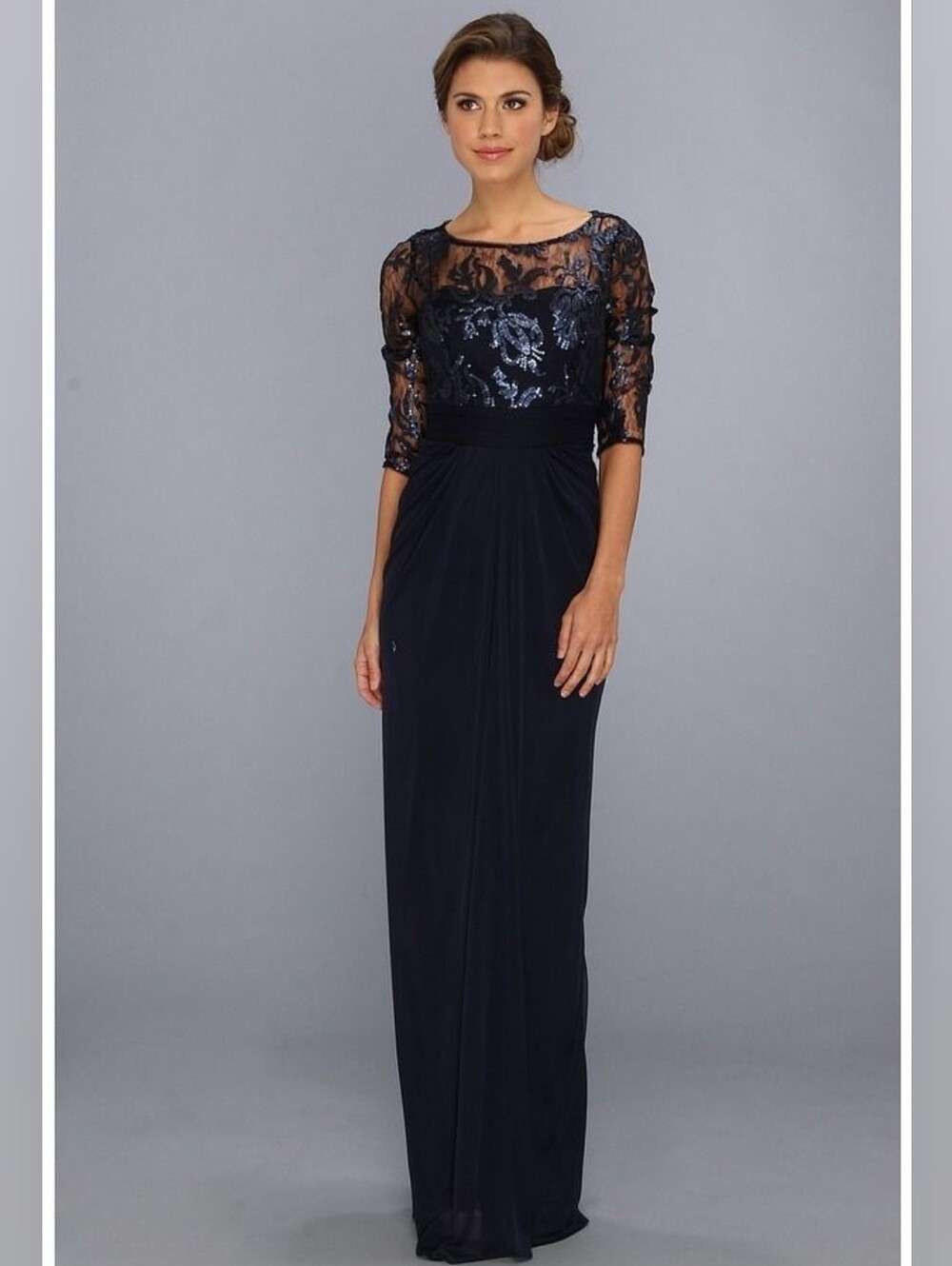 Adrianna Papell Navy Embroidered Bodice Long Sleeve Gown - Size 14 - New W/ Tags